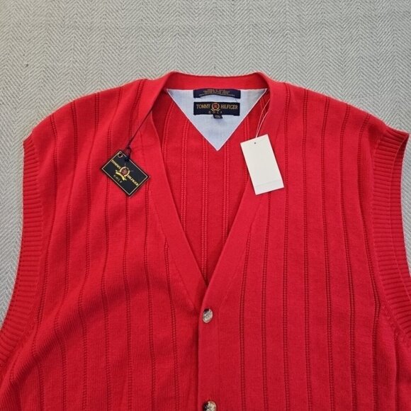 Tommy Hilfiger Sweater Men's XXLarge Red Button Up Sleeveless Vest NWT - Picture 4 of 14